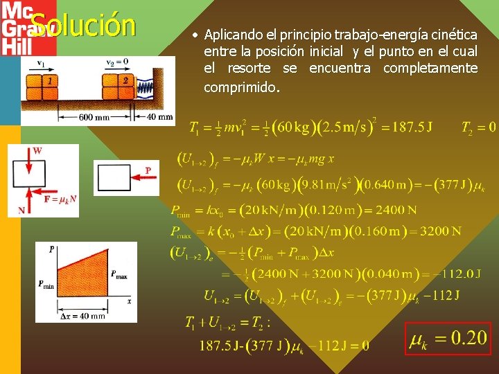 Solución • Aplicando el principio trabajo-energía cinética entre la posición inicial y el punto