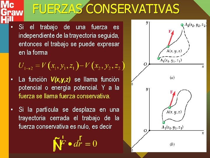 FUERZAS CONSERVATIVAS • Si el trabajo de una fuerza es independiente de la trayectoria