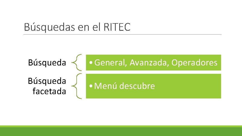Búsquedas en el RITEC Búsqueda • General, Avanzada, Operadores Búsqueda facetada • Menú descubre