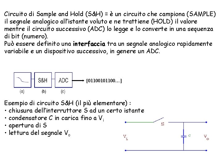 Circuito di Sample and Hold (S&H) = è un circuito che campiona (SAMPLE) il