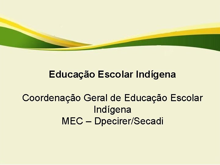 Educação Escolar Indígena Coordenação Geral de Educação Escolar Indígena MEC – Dpecirer/Secadi 