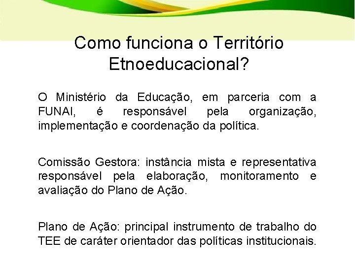 Como funciona o Território Etnoeducacional? O Ministério da Educação, em parceria com a FUNAI,