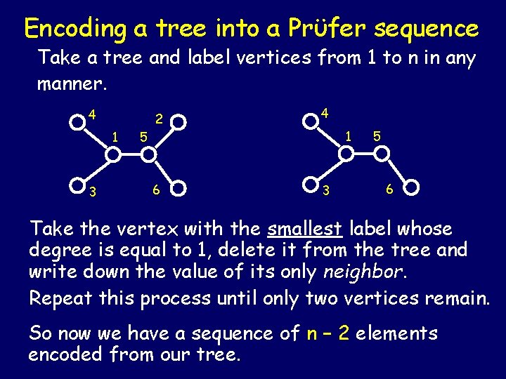 Encoding a tree into a Prϋfer sequence Take a tree and label vertices from