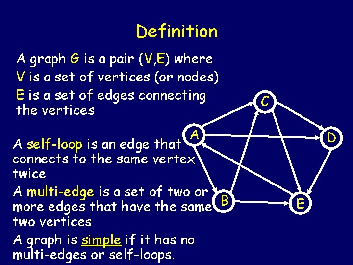 Definition A graph G is a pair (V, E) where V is a set