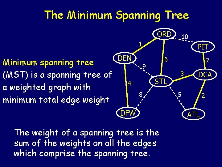 The Minimum Spanning Tree ORD 10 1 DEN Minimum spanning tree (MST) is a