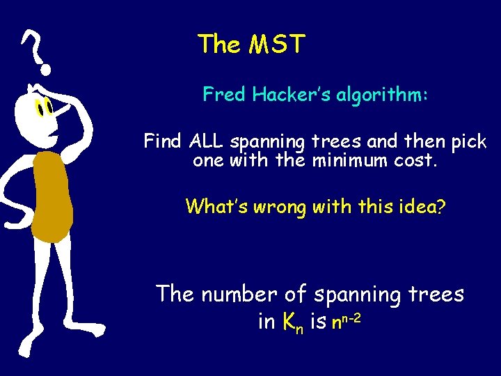 The MST Fred Hacker’s algorithm: Find ALL spanning trees and then pick one with