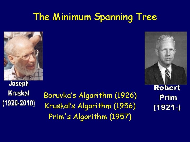 The Minimum Spanning Tree Boruvka’s Algorithm (1926) Kruskal’s Algorithm (1956) Prim's Algorithm (1957) 