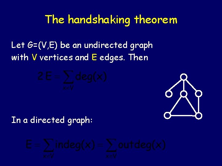 The handshaking theorem Let G=(V, E) be an undirected graph with V vertices and