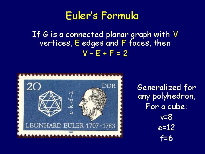 Euler’s Formula If G is a connected planar graph with V vertices, E edges