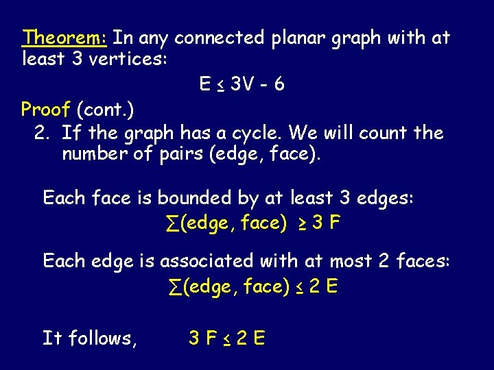 Theorem: In any connected planar graph with at least 3 vertices: E ≤ 3