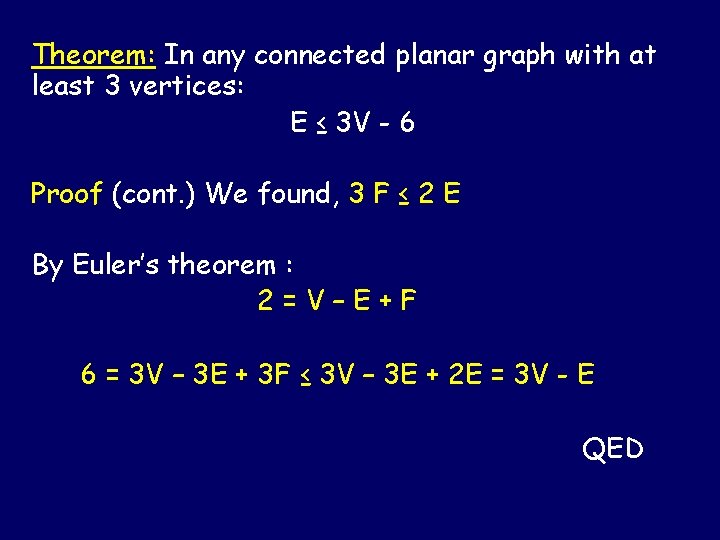 Theorem: In any connected planar graph with at least 3 vertices: E ≤ 3