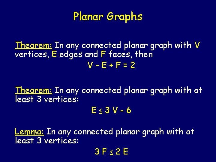Planar Graphs Theorem: In any connected planar graph with V vertices, E edges and