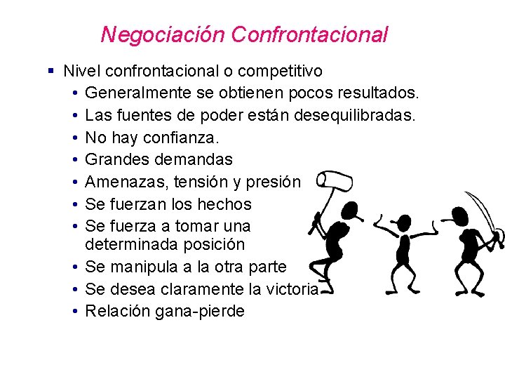 Negociación Confrontacional § Nivel confrontacional o competitivo • Generalmente se obtienen pocos resultados. • Negociación Confrontacional § Nivel confrontacional o competitivo • Generalmente se obtienen pocos resultados. •