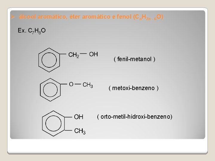 Ø álcool aromático, éter aromático e fenol (Cn. H 2 n - 6 O)