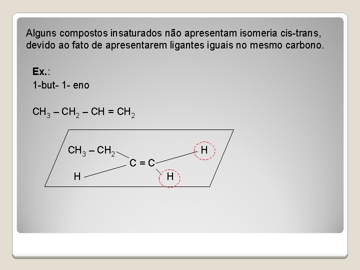 Alguns compostos insaturados não apresentam isomeria cis-trans, devido ao fato de apresentarem ligantes iguais