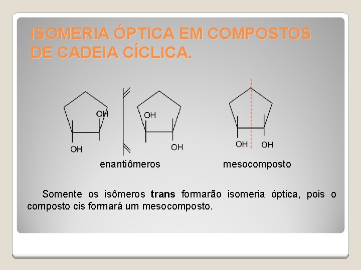 ISOMERIA ÓPTICA EM COMPOSTOS DE CADEIA CÍCLICA. enantiômeros mesocomposto Somente os isômeros trans formarão