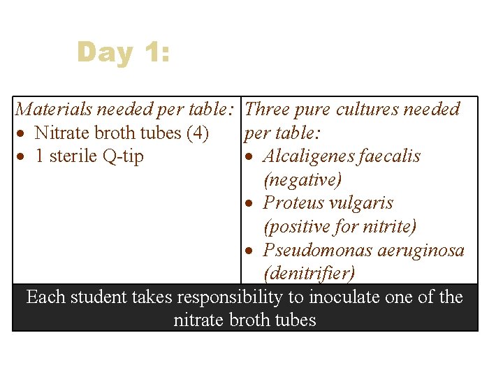 Day 1: Materials needed per table: Three pure cultures needed Nitrate broth tubes (4)