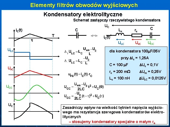 Elementy filtrów obwodów wyjściowych Kondensatory elektrolityczne Schemat zastępczy rzeczywistego kondensatora UC C C Lc