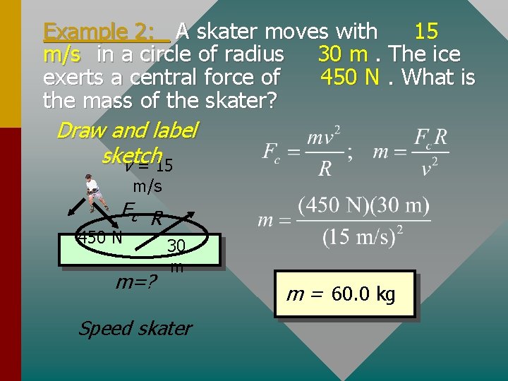 Example 2: A skater moves with 15 m/s in a circle of radius 30