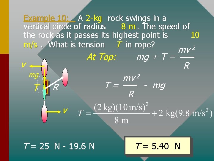 Example 10: A 2 -kg rock swings in a vertical circle of radius 8