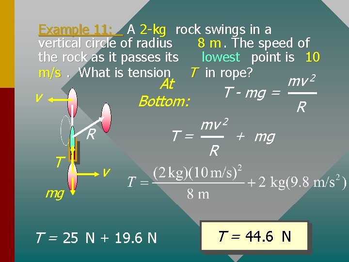 Example 11: A 2 -kg rock swings in a vertical circle of radius 8