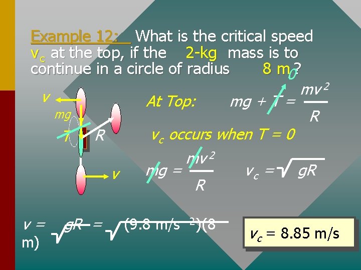 Example 12: What is the critical speed v c at the top, if the