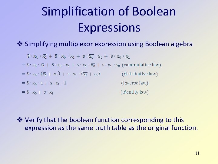 Simplification of Boolean Expressions Simplifying multiplexor expression using Boolean algebra Verify that the boolean