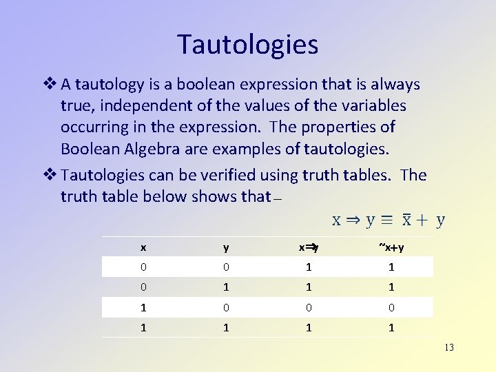 Tautologies A tautology is a boolean expression that is always true, independent of the