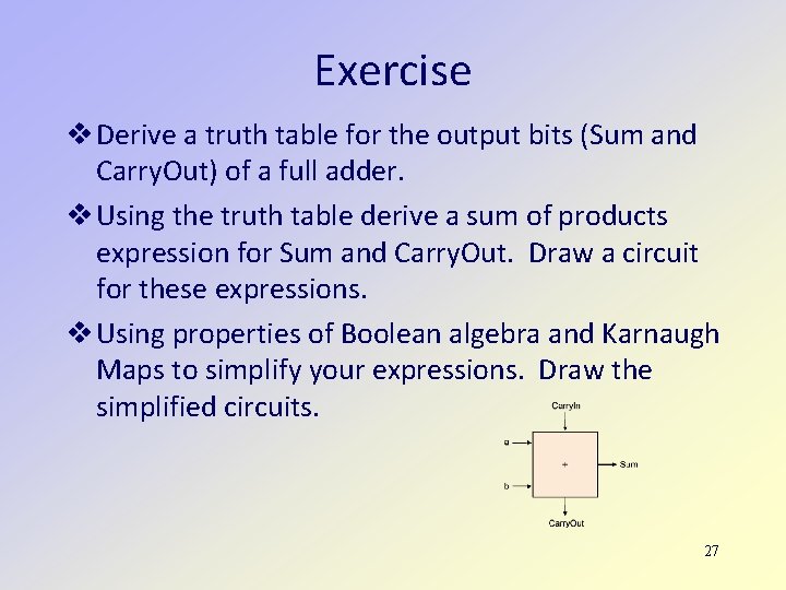 Exercise Derive a truth table for the output bits (Sum and Carry. Out) of