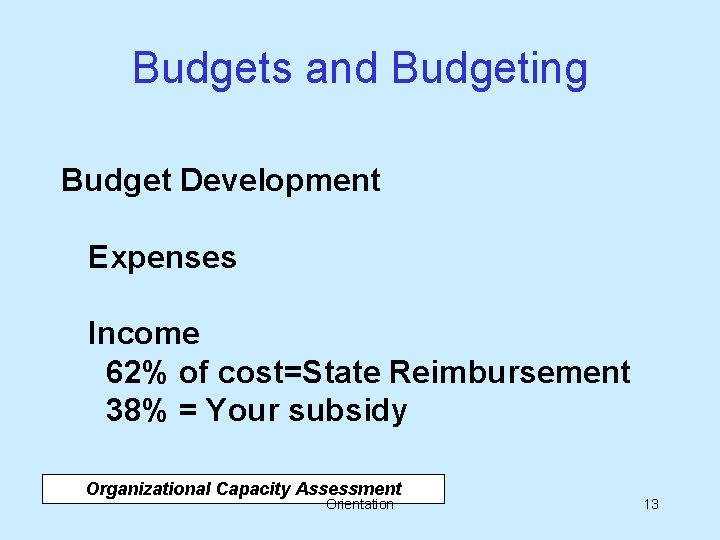 Budgets and Budgeting Budget Development Expenses Income 62% of cost=State Reimbursement 38% = Your