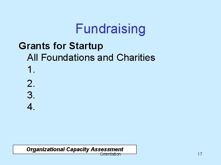 Fundraising Grants for Startup All Foundations and Charities 1. 2. 3. 4. Organizational Capacity