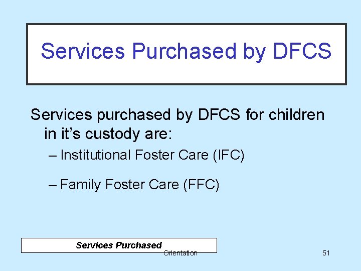 DFCS (Division of Family & Children Services) Services Purchased by DFCS Services purchased by