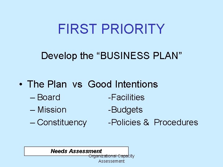 FIRST PRIORITY Develop the “BUSINESS PLAN” • The Plan vs Good Intentions – Board