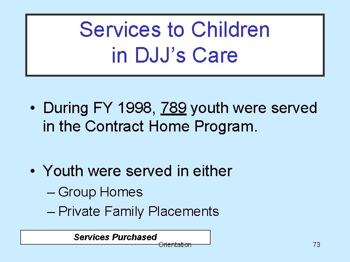 Services to Children in DJJ’s Care • During FY 1998, 789 youth were served