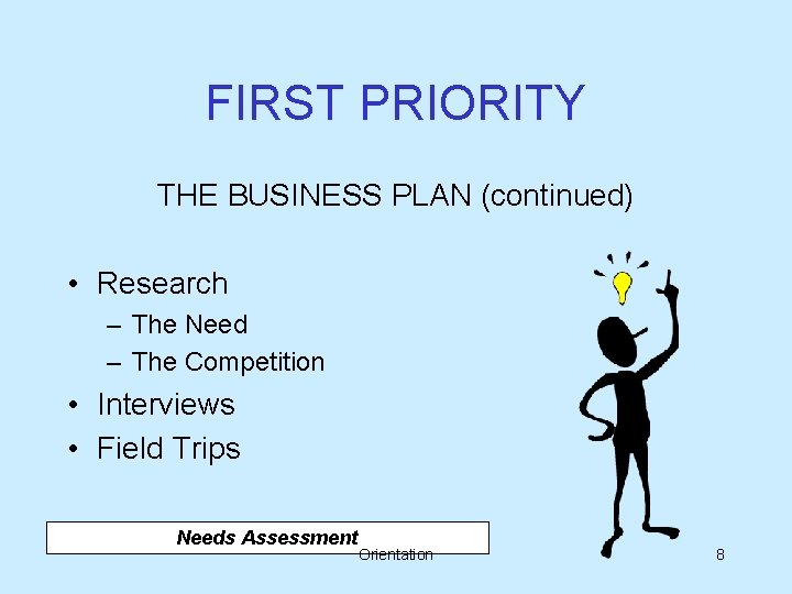 FIRST PRIORITY THE BUSINESS PLAN (continued) • Research – The Need – The Competition