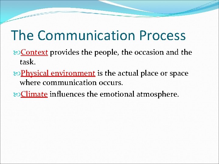 The Communication Process Context provides the people, the occasion and the task. Physical environment