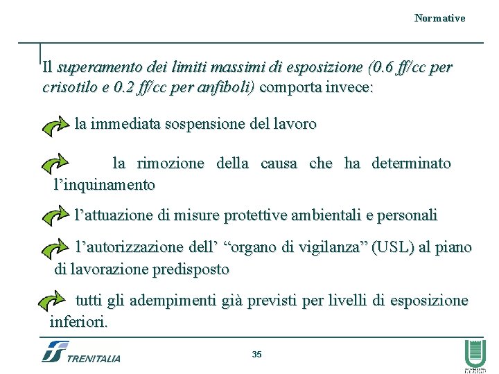 Normative Il superamento dei limiti massimi di esposizione (0. 6 ff/cc per crisotilo e