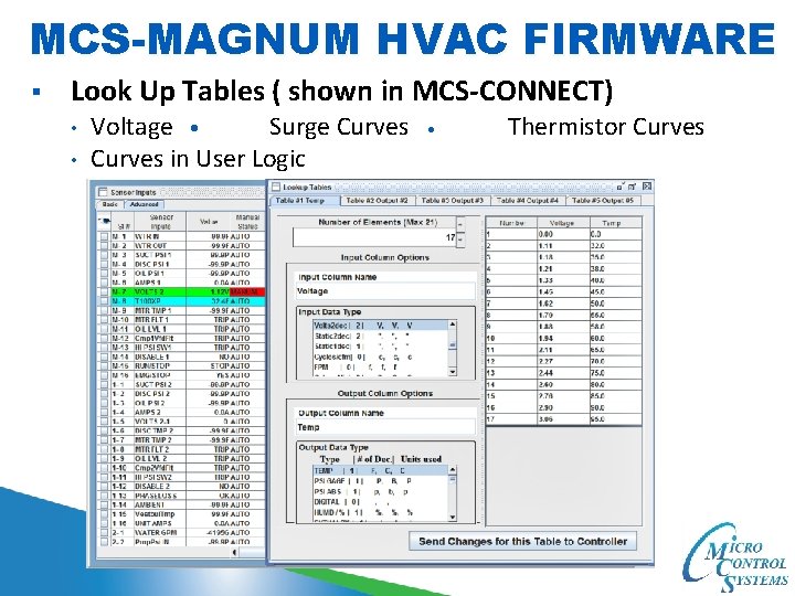 MCS-MAGNUM HVAC FIRMWARE § Look Up Tables ( shown in MCS-CONNECT) • • Voltage