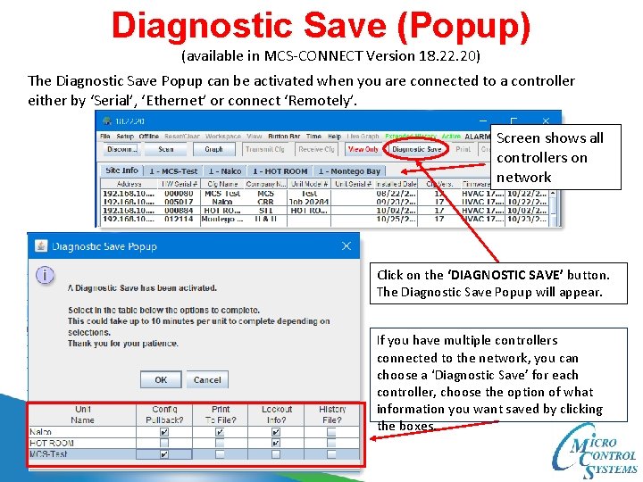 Diagnostic Save (Popup) (available in MCS-CONNECT Version 18. 22. 20) The Diagnostic Save Popup