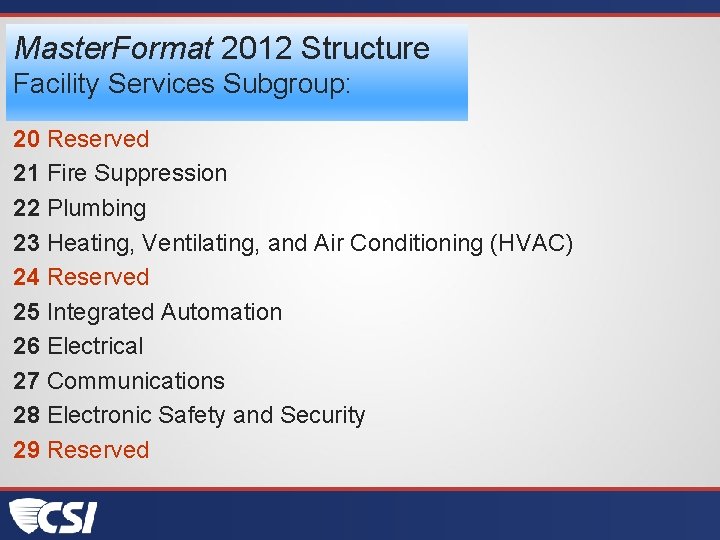 Master. Format 2012 Structure Facility Services Subgroup: 20 Reserved 21 Fire Suppression 22 Plumbing