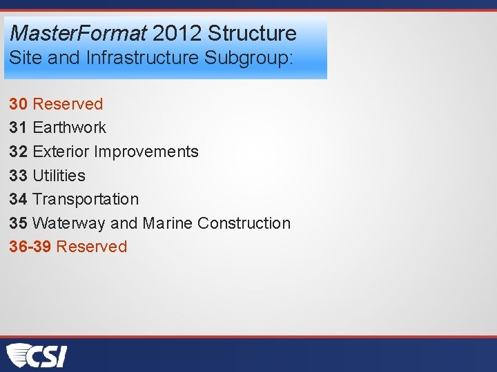 Master. Format 2012 Structure Site and Infrastructure Subgroup: 30 Reserved 31 Earthwork 32 Exterior