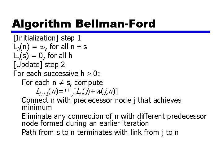 Algorithm Bellman-Ford [Initialization] step 1 L 0(n) = , for all n s Lh(s)