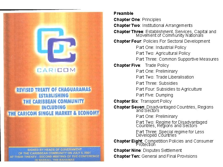Preamble Chapter One: Principles Chapter Two: Institutional Arrangements Chapter Three: Establishment, Services, Capital and