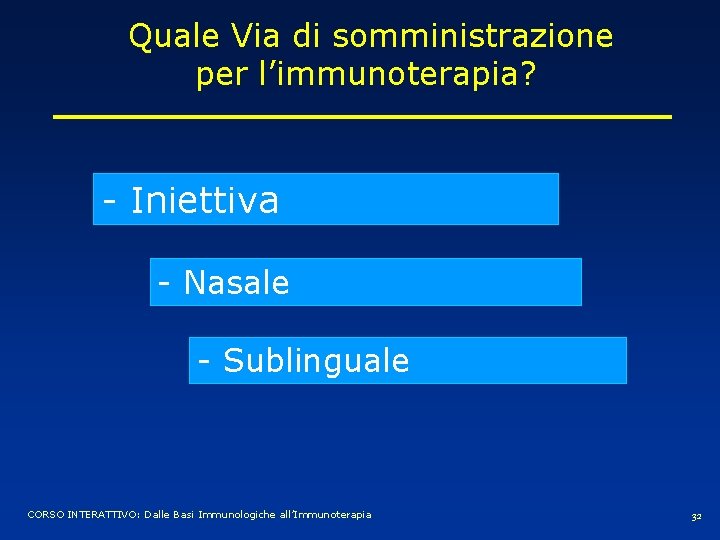 Quale Via di somministrazione per l’immunoterapia? - Iniettiva - Nasale - Sublinguale CORSO INTERATTIVO: