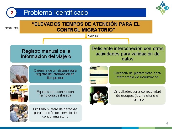 2 PROBLEMA Problema Identificado “ELEVADOS TIEMPOS DE ATENCIÓN PARA EL CONTROL MIGRATORIO” CAUSAS Registro