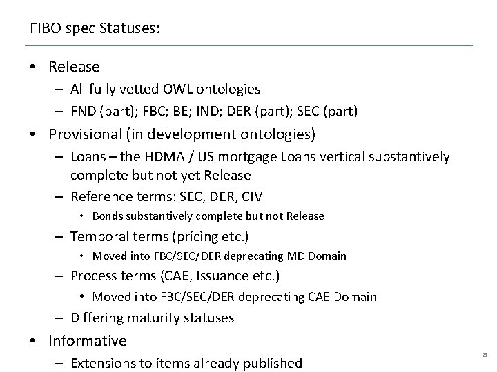FIBO spec Statuses: • Release – All fully vetted OWL ontologies – FND (part);