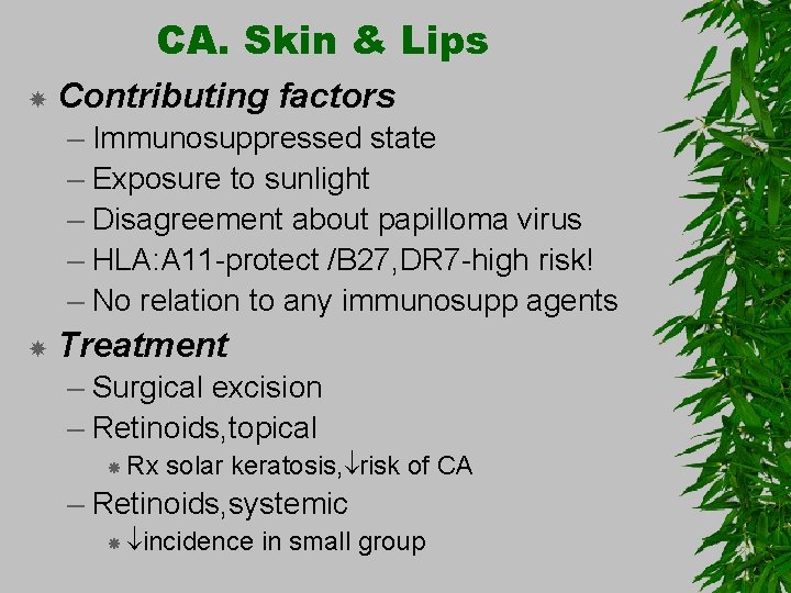 CA. Skin & Lips Contributing factors – Immunosuppressed state – Exposure to sunlight –