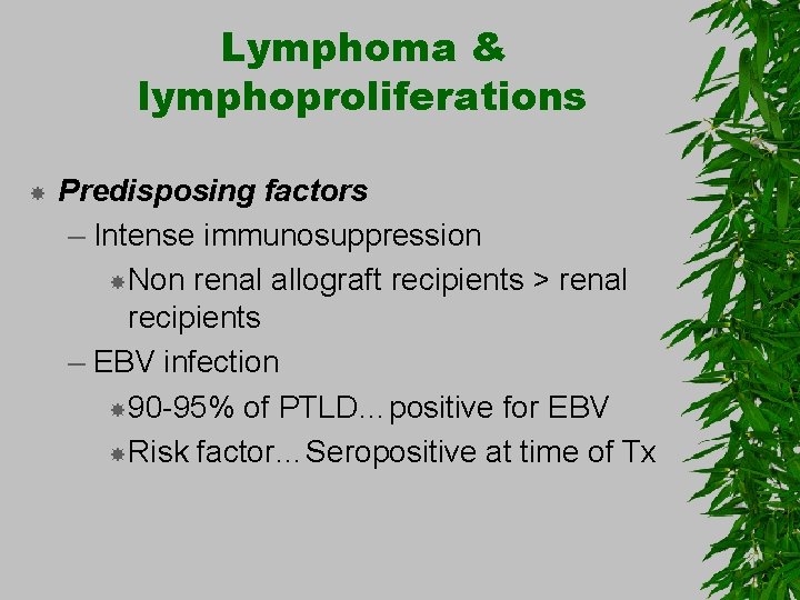 Lymphoma & lymphoproliferations Predisposing factors – Intense immunosuppression Non renal allograft recipients > renal