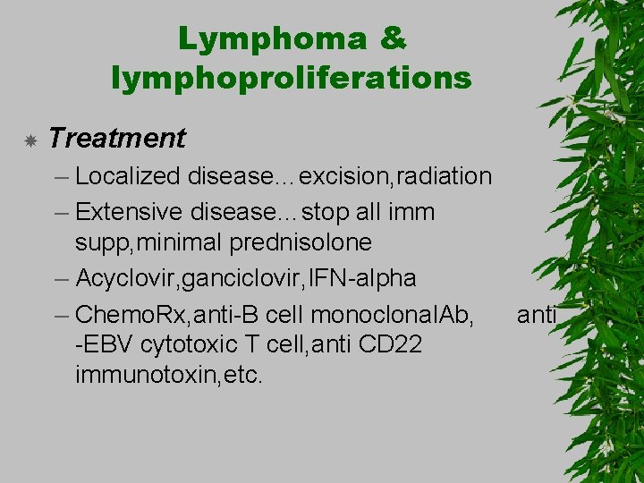 Lymphoma & lymphoproliferations Treatment – Localized disease…excision, radiation – Extensive disease…stop all imm supp,