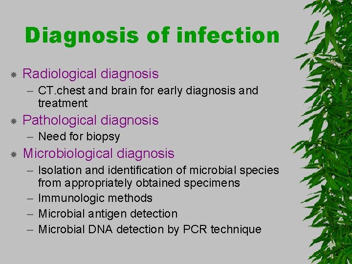 Diagnosis of infection Radiological diagnosis – CT. chest and brain for early diagnosis and